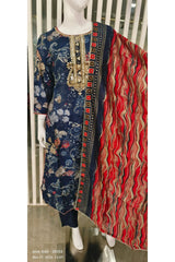 RFSS1321 - Pure Muslin Floral Print Kurta With Gota Embroidery. Cones With Straight Pants And Dupatta