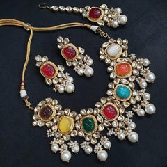 JP520 - Heavy Navratan kundan carved beads necklace with freshwater pearls. Comes with matching earings and Maangtika