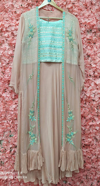 RFSS656 - Party Wear Lehenga in Baby Pink with Powder Blue  Crop Top in Mirror Work. Comes with Chiffon Embroidered Jacket