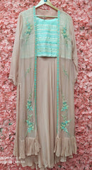 RFSS656 - Party Wear Lehenga in Baby Pink with Powder Blue  Crop Top in Mirror Work. Comes with Chiffon Embroidered Jacket