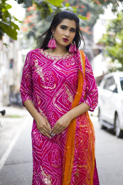 RFSS669 - Dark Pink Bandhej Kurta with Zardosi work. Comes with Contrast Orange Net Dupatta