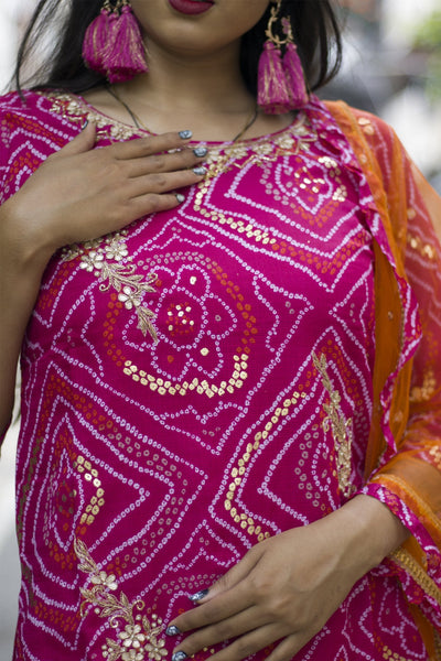 RFSS669 - Dark Pink Bandhej Kurta with Zardosi work. Comes with Contrast Orange Net Dupatta