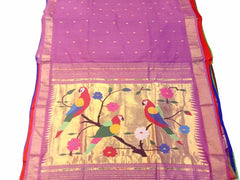 PSS19 - Beautiful Handwoven Cotton Purple Paithani Saree with Parrot, Swan, and Lotus motif on Pallu