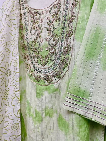 RFSS1021 - Shibori Cotton Lurex Kurta with Zari Embroidery on Yoke. Comes with Pants and printed Cotton Dupatta