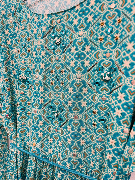 RFSS1022 - Teal Blue Ikkat Print Frock with Mirror Work