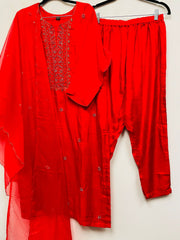 RFSS1023 - Chanderi Silk Suit in Red with Zari work. Comes with Red Pants and Silk Dupatta