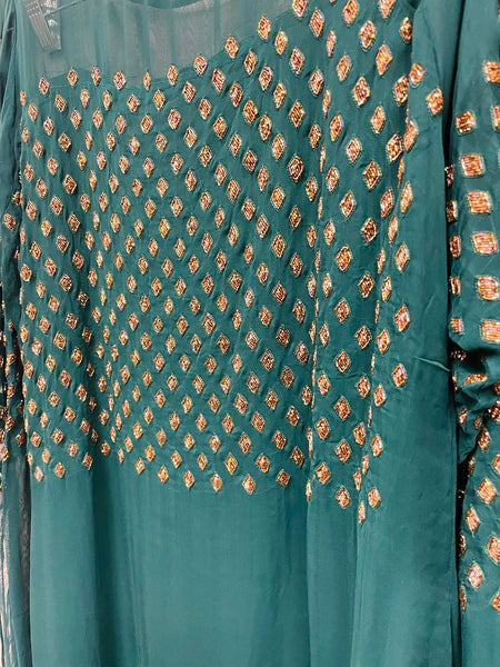 RFSS1028 - Party Wear Dress in Bottle Green with Heavy Embroidery on Yoke and Sleeves. Comes with Palazzo and Dupatta