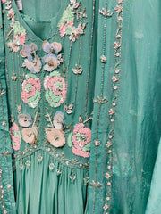 RFSS1035 - Designer Heavy Embroidered Kurta in Sea Green. Comes with Chiffon Sharara and Organza Embroidered Jacket.