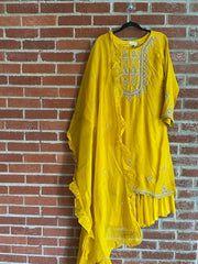 RFSS1111 - Designer Party Wear Suit in Mustard with Peacock Emroidery Gota work on neck. Comes with blue Sharara and Mustard yellow Dupatta