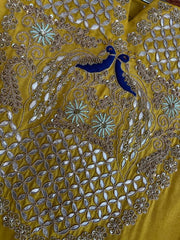 RFSS1111 - Designer Party Wear Suit in Mustard with Peacock Emroidery Gota work on neck. Comes with blue Sharara and Mustard yellow Dupatta