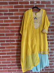 RFSS1111 - Designer Party Wear Suit in Mustard with Peacock Emroidery Gota work on neck. Comes with blue Sharara and Mustard yellow Dupatta