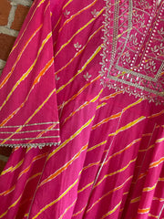 RFSS1156 - Jaipuri Lehriya Cotton Floor length Gown with Emroidery on Yoke and tassles on the side.