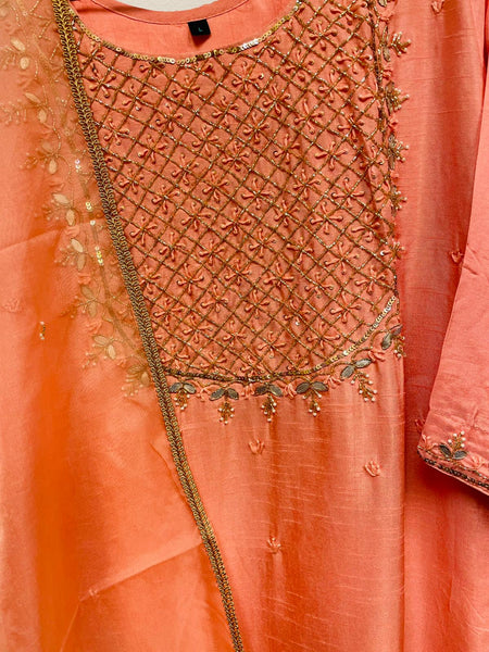 RFSS606 - Silk Cotton Kurta with Sequin work on the Yoke with Beautiful Handwork Organza Dupatta