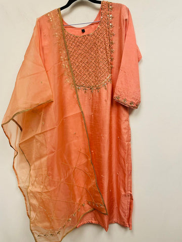 RFSS606 - Silk Cotton Kurta with Sequin work on the Yoke with Beautiful Handwork Organza Dupatta