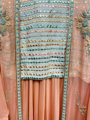 RFSS656 - Party Wear Lehenga in Baby Pink with Powder Blue  Crop Top in Mirror Work. Comes with Chiffon Embroidered Jacket