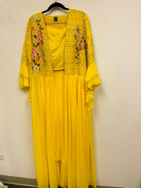 RFSS662 - Pure Chiffon Party Wear Lehenga in Yellow with Sequin Crop Top and Heavy Emroidered Jacket