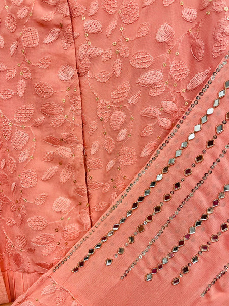 RFSS683 - Party Wear Suit in Pure Chiffon in Peach with Heavy Embroidery on Yoke and Sleeves. Comes with Chiffon Sharaara and Dupatta