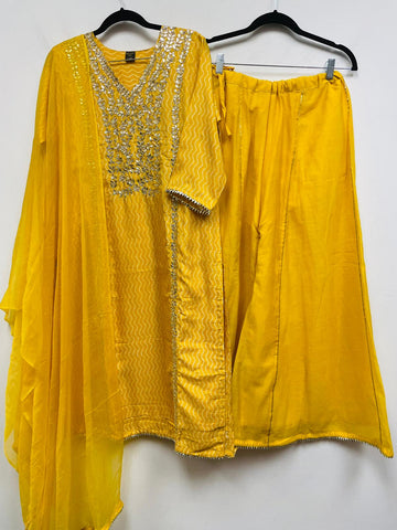 RFSS735 - Muslin Bandhini Suit in Yellow with Gota work. Comes with Yellow Sharara and Chiffon Dupatta