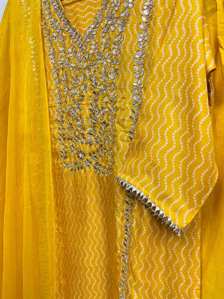 RFSS735 - Muslin Bandhini Suit in Yellow with Gota work. Comes with Yellow Sharara and Chiffon Dupatta