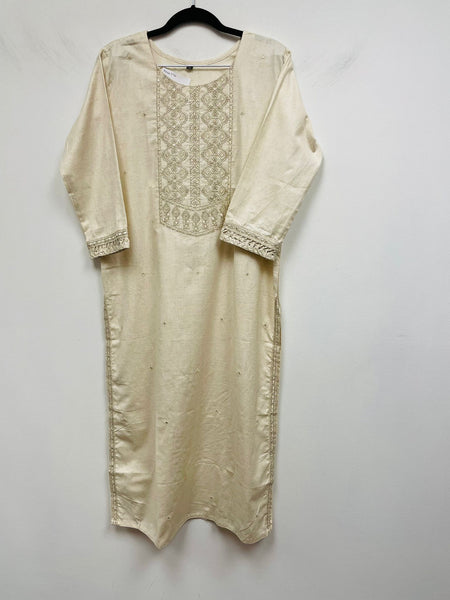 RFSS772 - Linen Khaadi Kurta in Off-white with Gold Threaded Embroidery on yoke