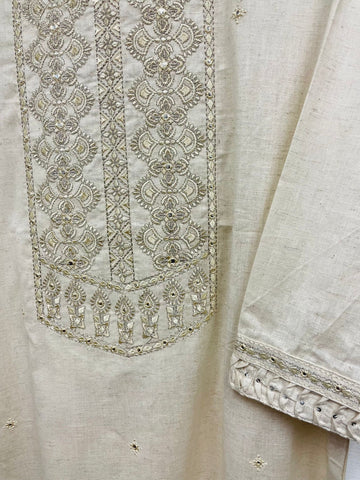 RFSS772 - Linen Khaadi Kurta in Off-white with Gold Threaded Embroidery on yoke