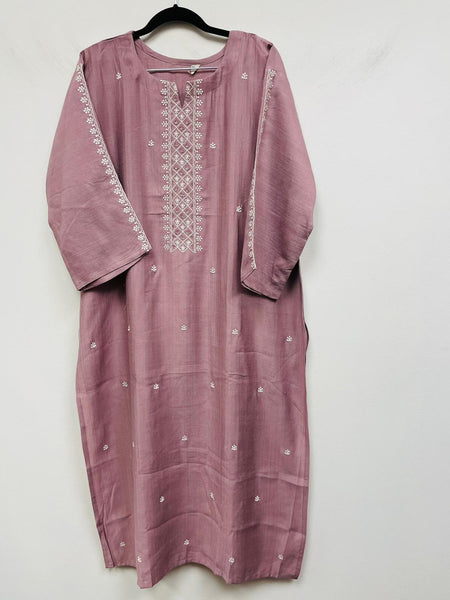 RFSS784 - Linen Silk Kurta in Lilac with White-thread Embroidery on Yoke and Sleeves