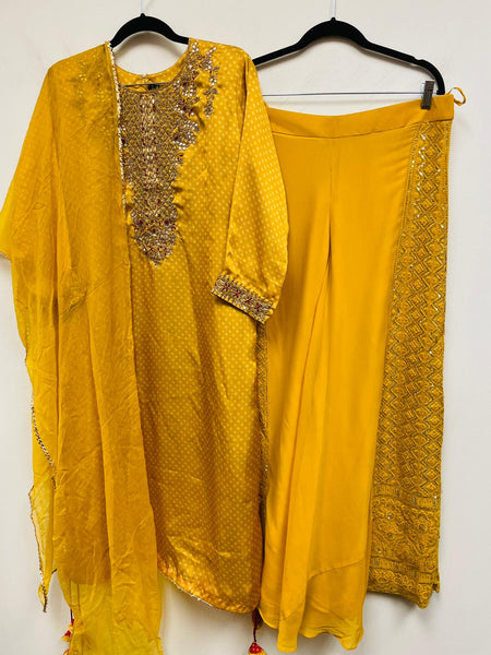 RFSS807 - Party Wear Modal Satin Bandhini Kurta. Comes with heavy embroidered Sharara and Dupatta