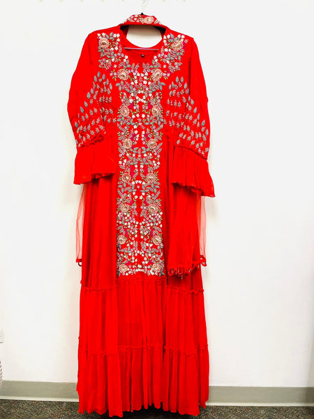 RFSS811 - Heavy Embroidered Floor Length Party Wear Gown in Red. Comes with necklace Dupatta