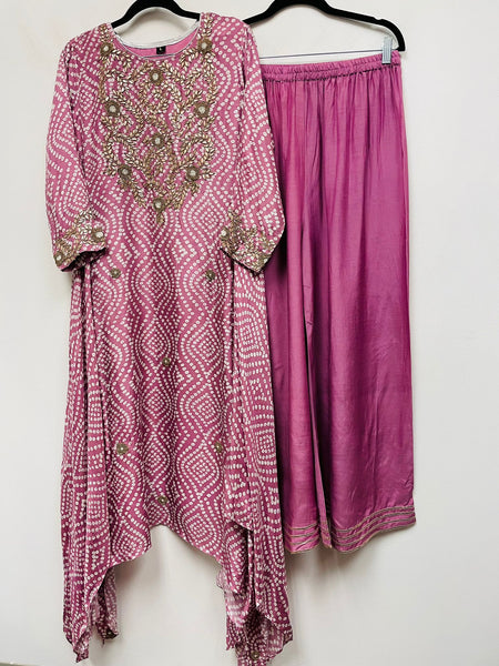 RFSS903 - Muslin Silk Bandhini Print asymmetrical Kurta with heavy Embroidery. Comes with Muslin silk Sharara