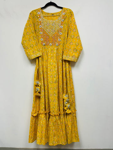 RFSS912 - Cotton Printed Floral Gown in Yellow with Tassles.