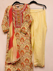 RFSS915 - Jaipuri Cotton Kurta in Lemon Yellow with Pink Floral Prints. Comes with Pants and Chiffon Dupatta