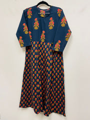 RFSS917 - Jaipuri Printed Midi in Navy Blue with Pink Floral Prints.