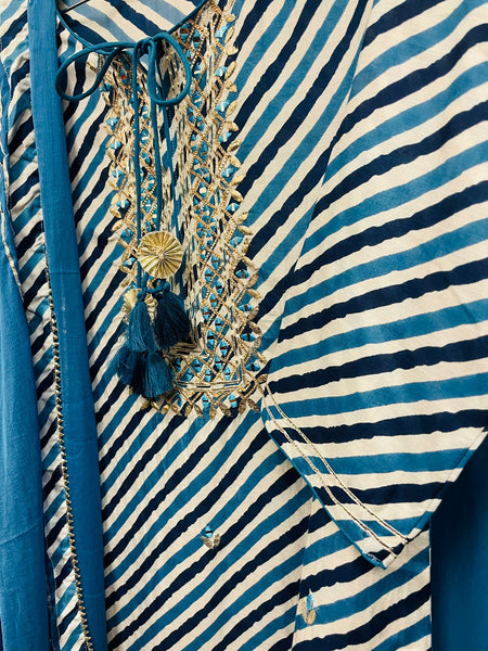 RFSS921 - Muslin Silk Leheraiya Kurta in White with Blue stripes and Zari Embroidery on Yoke. Comes with Blue Sharara and Dupatta