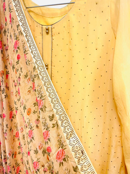 VSS107 - Pure Crepe Suit in Light Yellow with Swarovski Crystal Work and Pure Chiffon Floral Dupatta