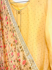 VSS107 - Pure Crepe Suit in Light Yellow with Swarovski Crystal Work and Pure Chiffon Floral Dupatta