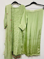 VSS119 - Pure Crepe Embroidered Suit in Light Green. Comes with Straight Pants and Chiffon Dupatta