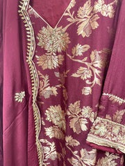 VSS121 - Heavy Banarasi Suit in Maroon with Heavy Zardosi Work on Yoke. Comes with Crepe Pants and Embroidered Chiffon Dupatta
