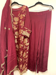 VSS121 - Heavy Banarasi Suit in Maroon with Heavy Zardosi Work on Yoke. Comes with Crepe Pants and Embroidered Chiffon Dupatta