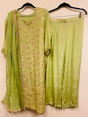 VSS122 - Pure Crepe Suit in Light Green with Chicken and Gota Embroidery. Comes with Straight Pants and Embroidered Dupatta