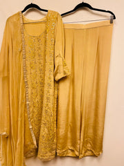 VSS123 - Pure Crepe Suit in Light Yellow with Chicken and Gota Embroidery. Comes with Straight Pants and Embroidered Dupatta