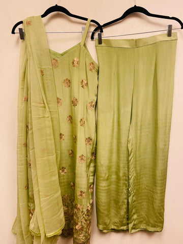 VSS126 - Pure Crepe Suit in Light Green with Spaghetti Sleeves. Comes with Straight Pants and Pure Chiffon Dupatta