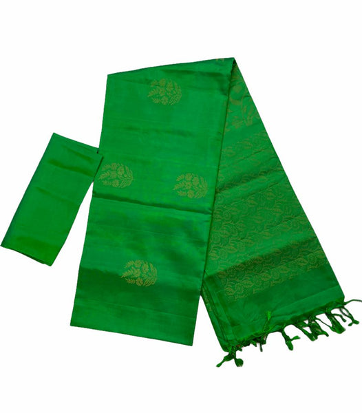 HPSS4 - Pure Handloom Soft Silk Kanjivaram Borderless Saree  in Double shaded Green with flower motifs and Zari Pallu