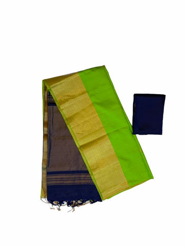Pure Handloom Soft Silk Kanjivaram Saree in Parrot Green with Leaf motif and Golden Tissue Border and Navy Blue Pallu