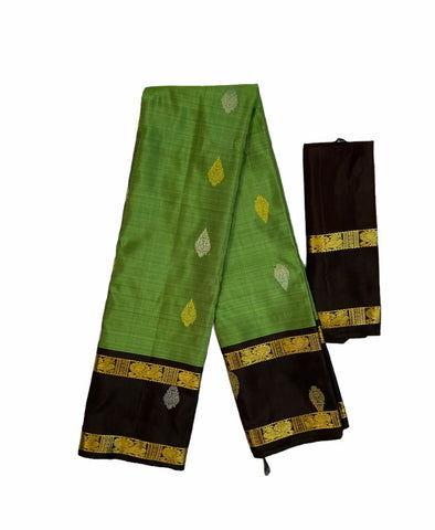 HPSS23 - Pure Handloom Silk Kanjivaram Saree in Green with Golden silver leaf butti. Contrast Black Border and Pallu