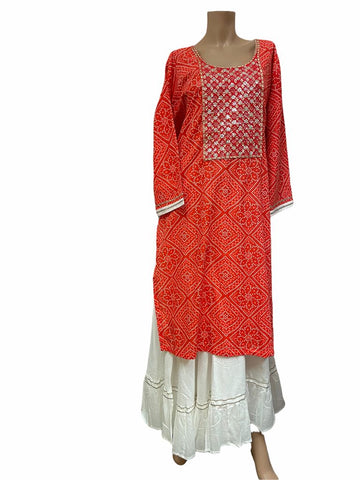 RFSS308 - Gota Work Double Layered Bandhini Kurta with attached Skirt