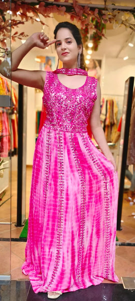 RFSS1348 - Party Wear Gown In Pink With Real Mirror Embroidery. Comes With Necklace Dupatta