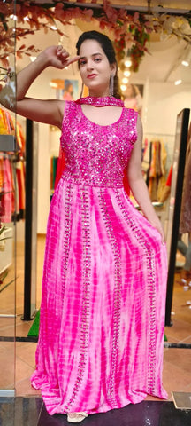 RFSS1348 - Party Wear Gown In Pink With Real Mirror Embroidery. Comes With Necklace Dupatta