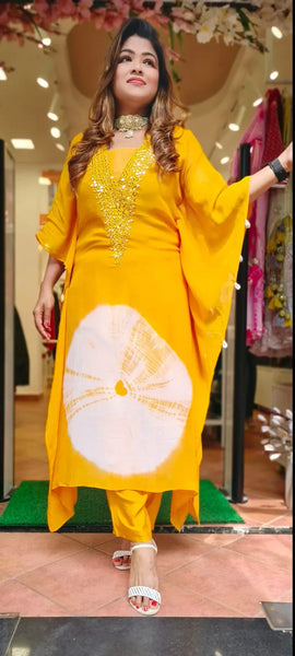 RFSS1353 - Pure Chiffon Shibori Print Kaftan With Mirror Work Embroidery On The Yoke. Comes With Pants.