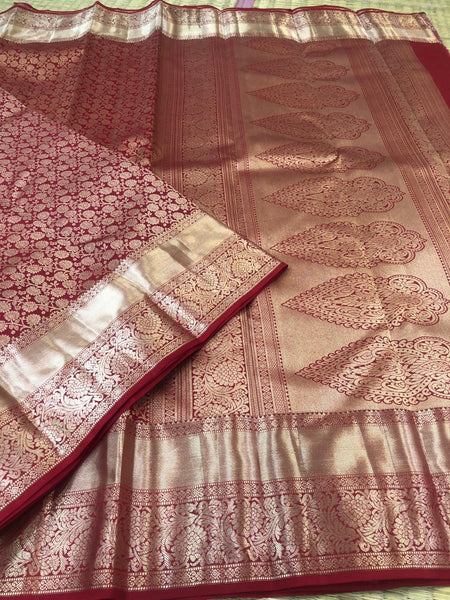 KSS301 Equisite Kanjivaram Pure Silk Brocade Saree In Red. Fall Peco done. Comes with stitched blouse size: 38 to 46. SILK MARK CERTIFIED