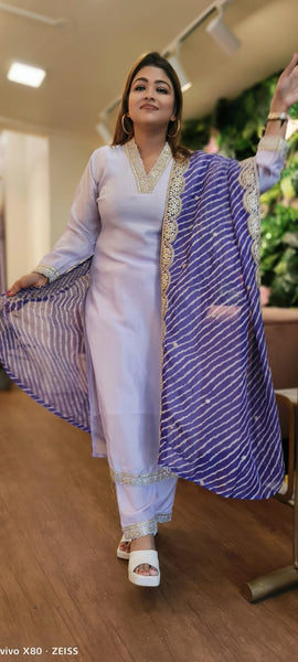 RFSS1543 -silk lilac V-Neck lace embroidered kurta pant and lehriya zari organza dupatta